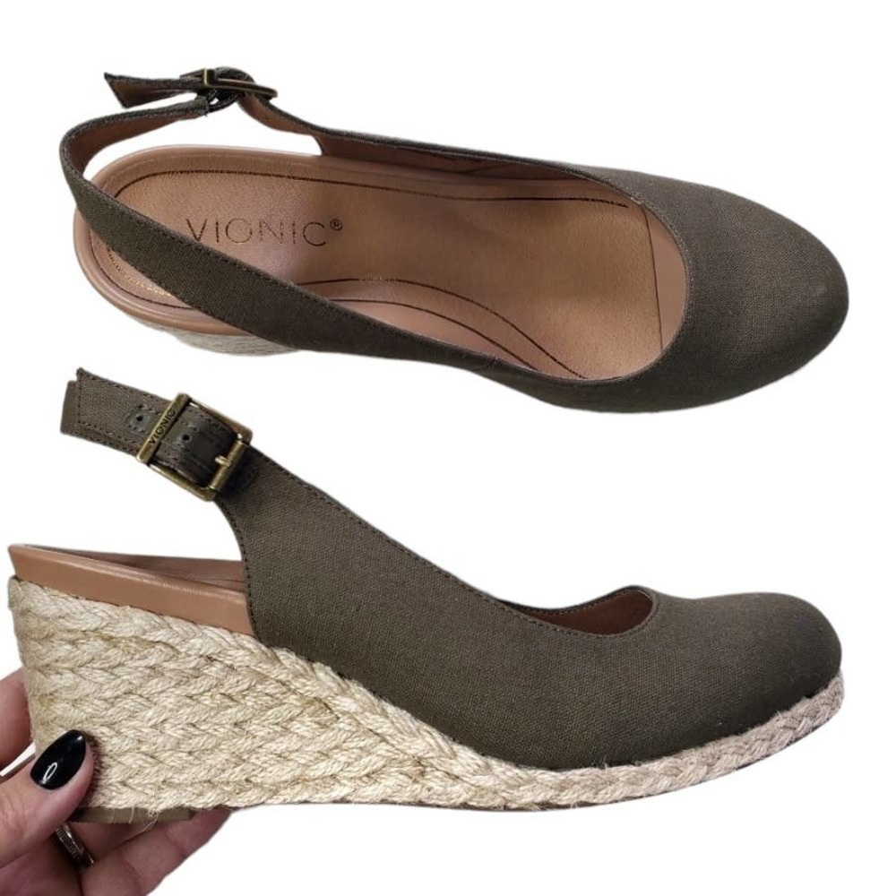 Vionic‎ Coralina Slingback Wedge Heel Espadrille Shoes 10 Olive Green